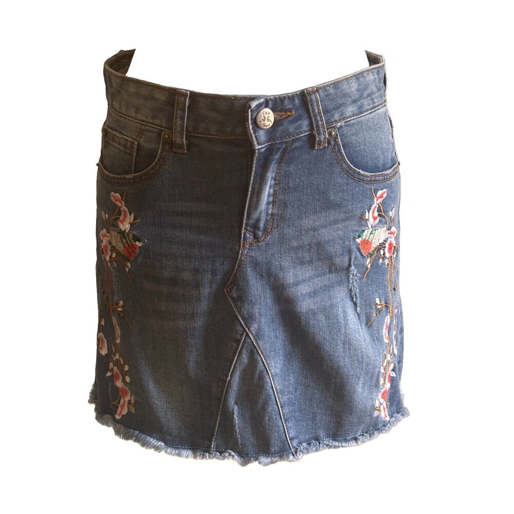 Embroidered Floral Birds Chelsea & Violet Boho Denim Mini Skirt size S Boho Y2k